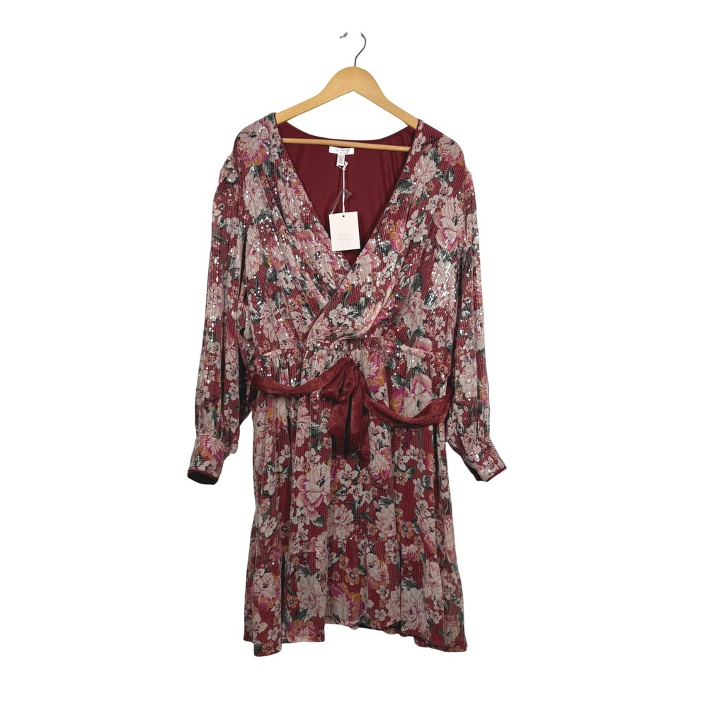 LC Lauren Conrad Women 2X Floral Sequin Wrap Mini Dress Burgundy Velvet Belt NEW